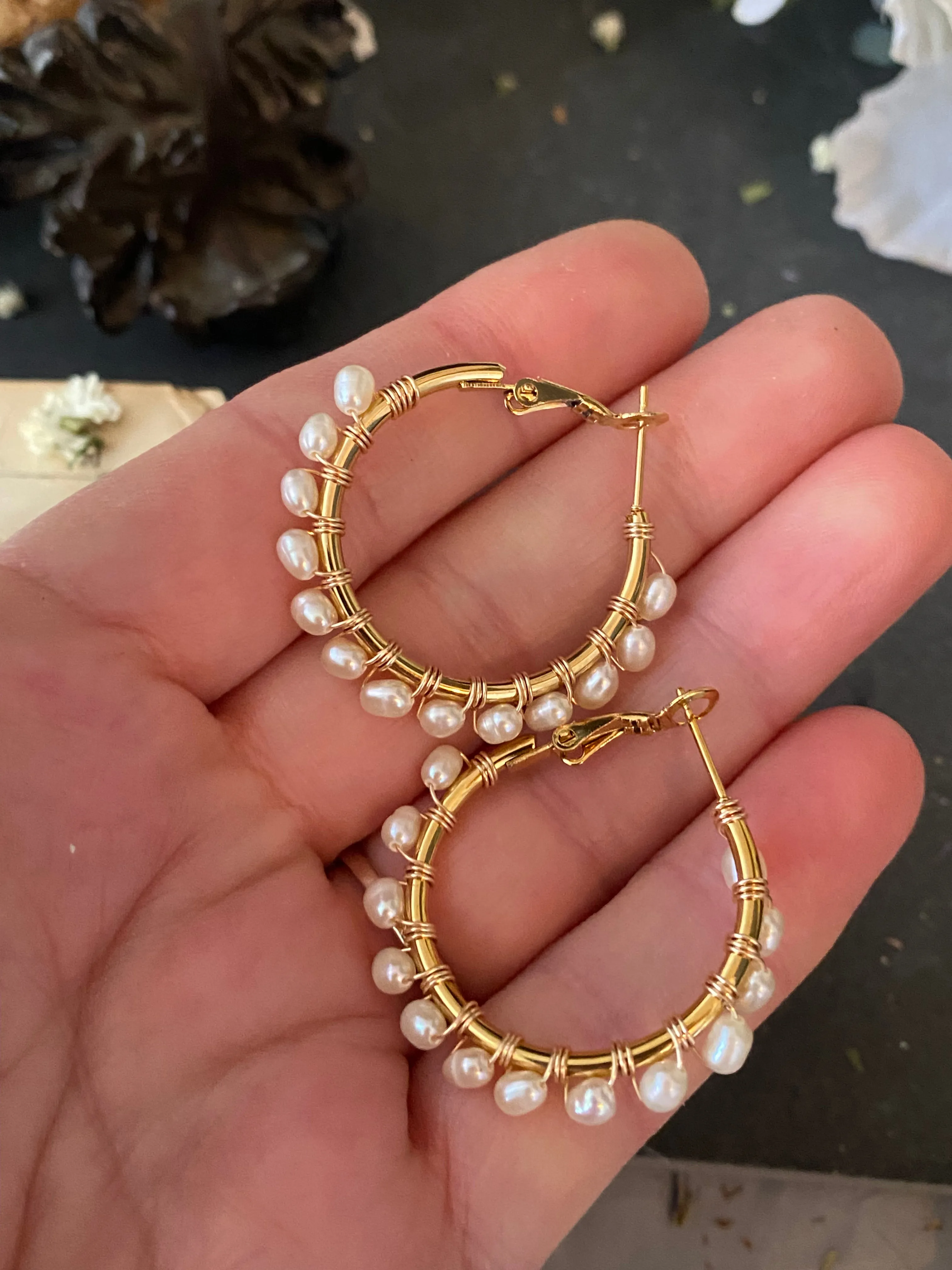 Pearls, hoops, gold metal, earrings, jewelry