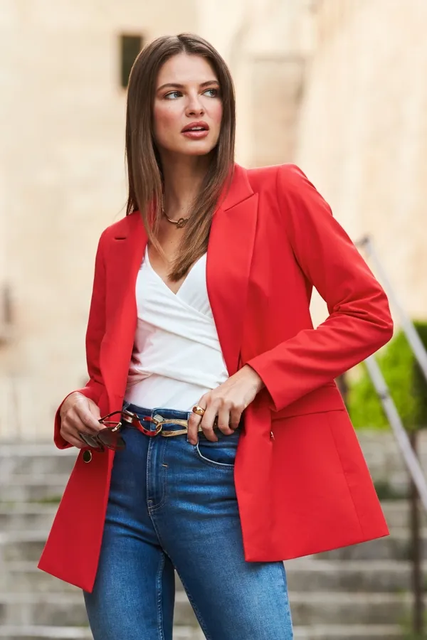 Red Tuxedo Blazer Jacket With Gold Buttons