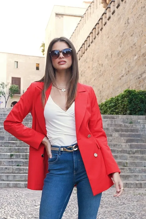 Red Tuxedo Blazer Jacket With Gold Buttons