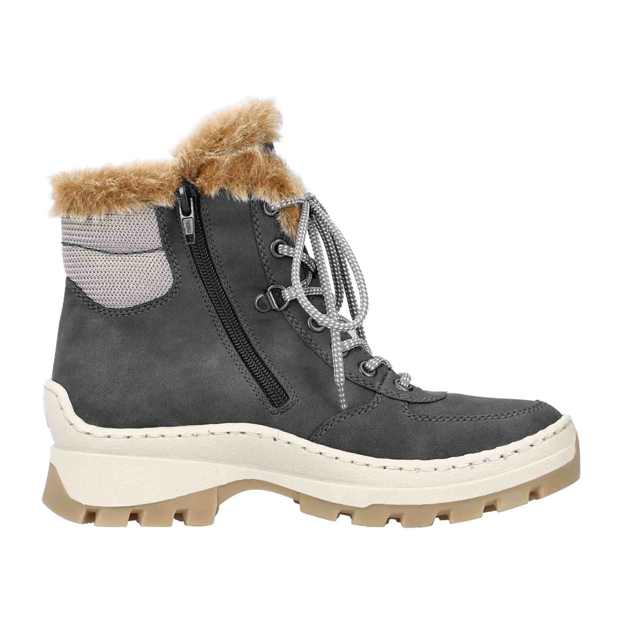 Rieker Women's Winter Boots Gray Lace-Up with Zipper Warm Lining Casual Style