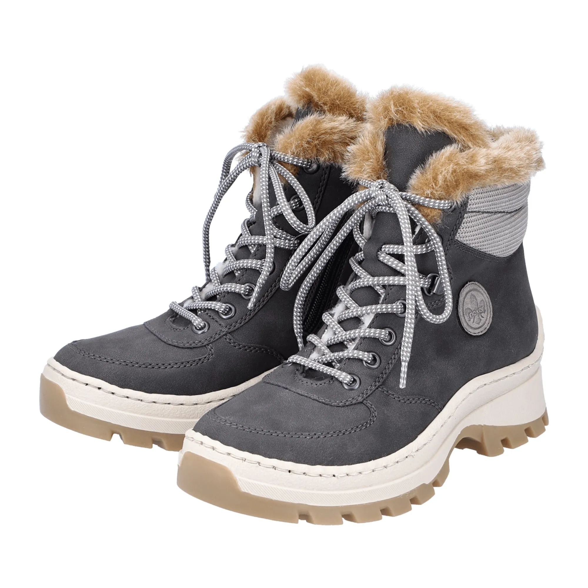 Rieker Women's Winter Boots Gray Lace-Up with Zipper Warm Lining Casual Style