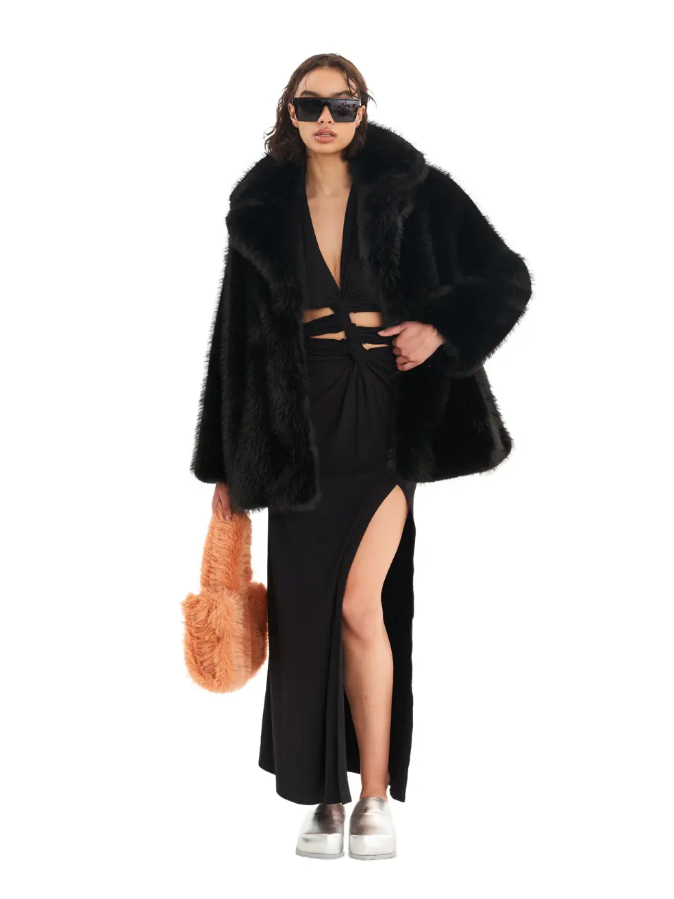 		Riley  Ink Black Faux Fur Coat	