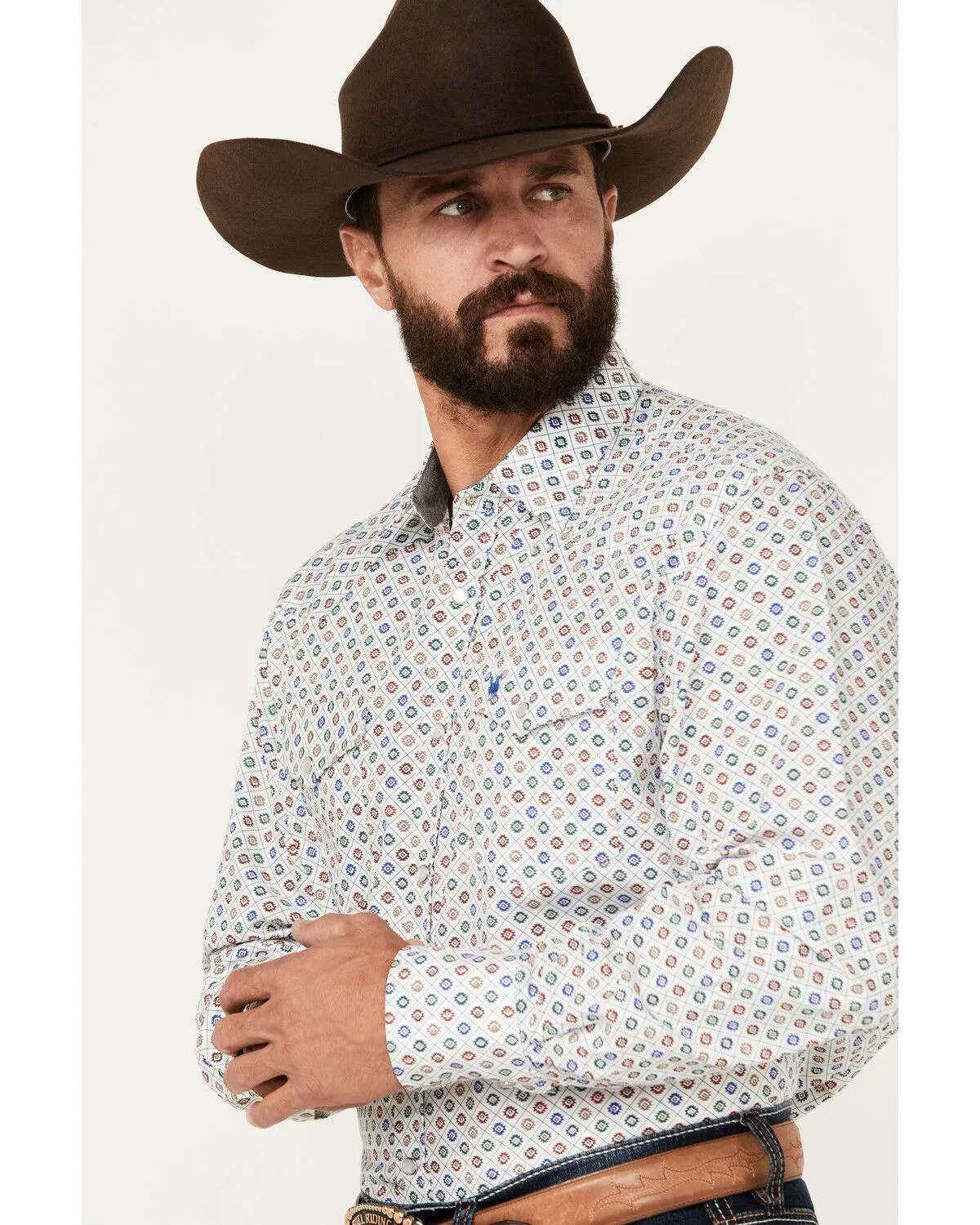 Rodeo Clothing Men's Southwestern Geo Print Long Sleeve Pearl Snap Western Shirt