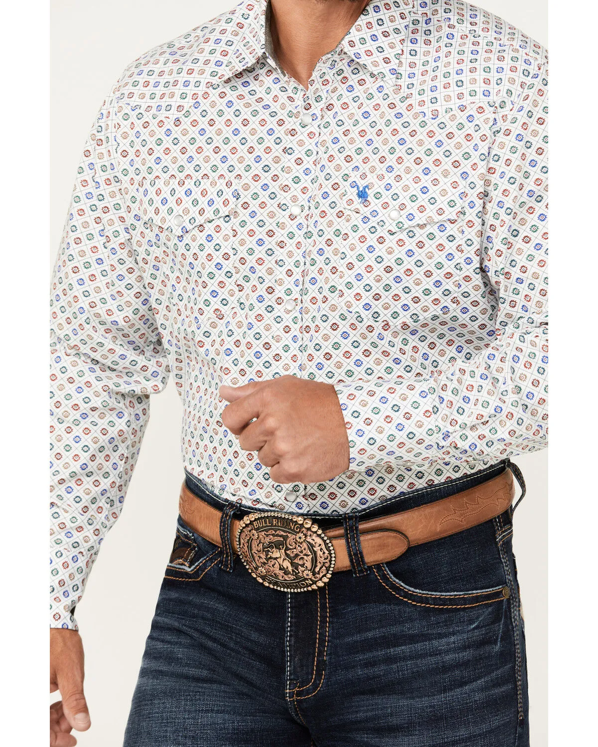 Rodeo Clothing Men's Southwestern Geo Print Long Sleeve Pearl Snap Western Shirt