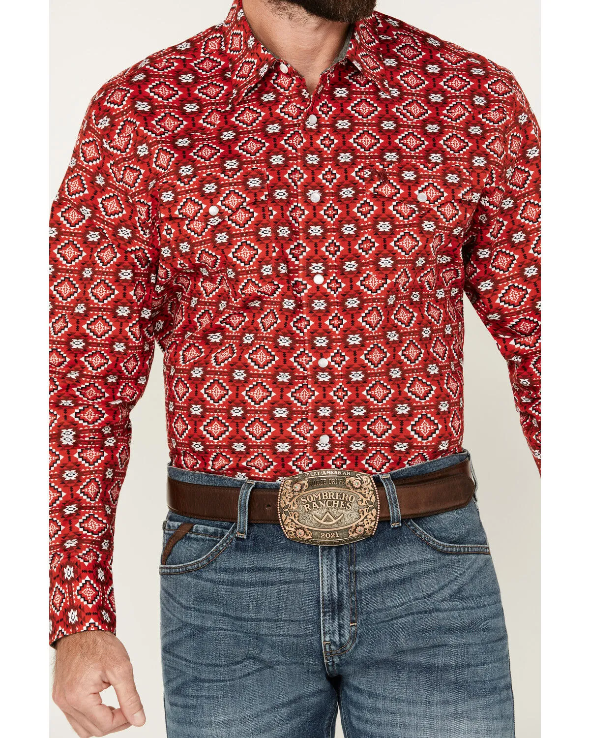 Rodeo Clothing Men's Southwestern Print Long Sleeve Pearl Snap Stretch Western Shirt