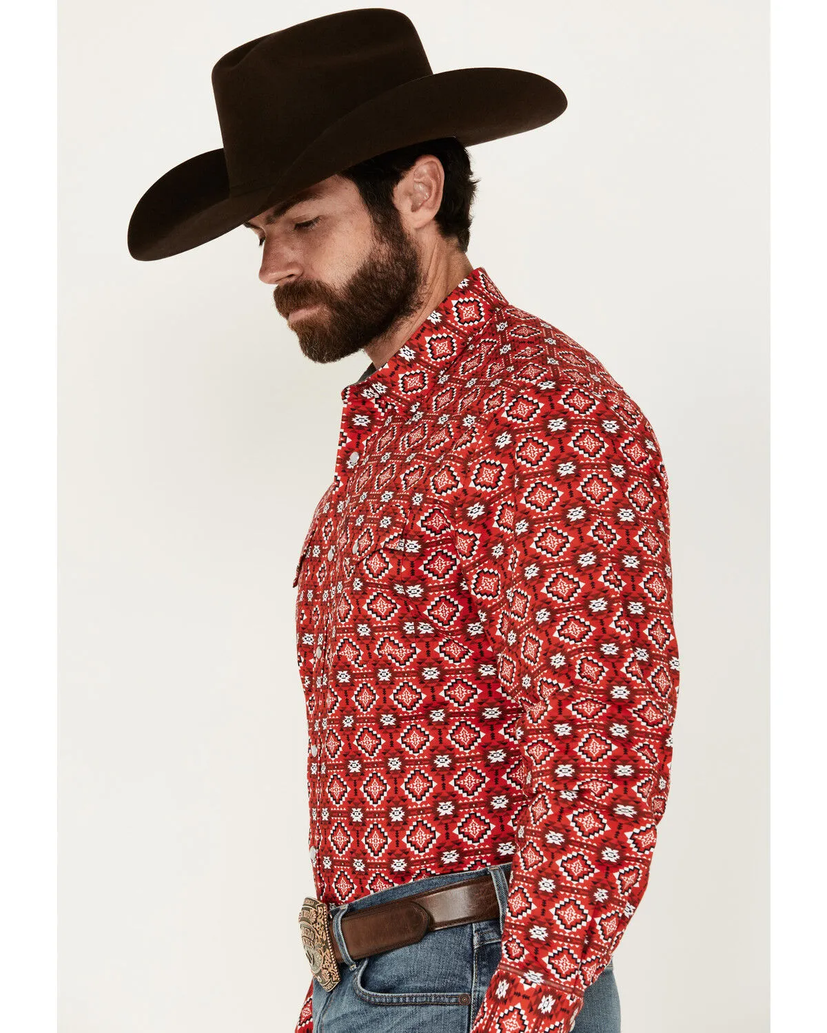 Rodeo Clothing Men's Southwestern Print Long Sleeve Pearl Snap Stretch Western Shirt