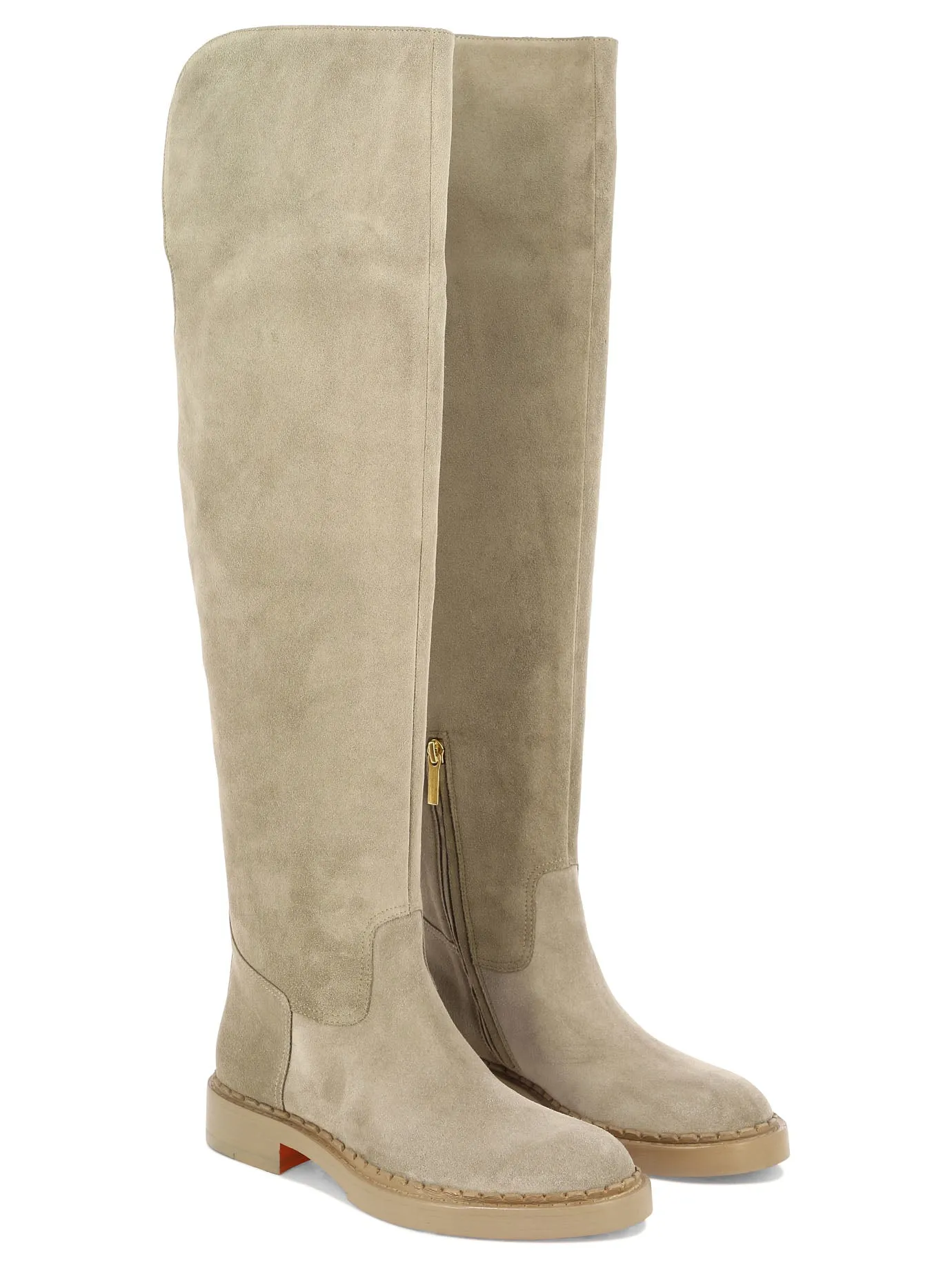 SANTONI Beige Leather Rider Boots for Women - FW23 Collection