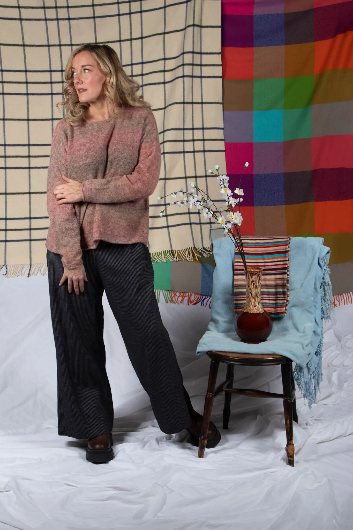 Skaren Pants with Wide Leg in Black and Grey Stripe