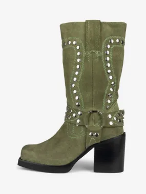 Suede Studs Mid Calf Boots Block Heel Round Toe Buckle Detail Boots