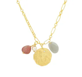 TAI LION MEDALLION/STRAWBERRY QUARTZ CHARM NECKLACE