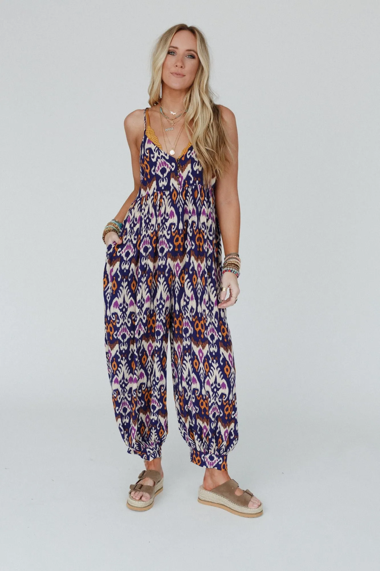 Travel Light Printed Jumpsuit - Navy