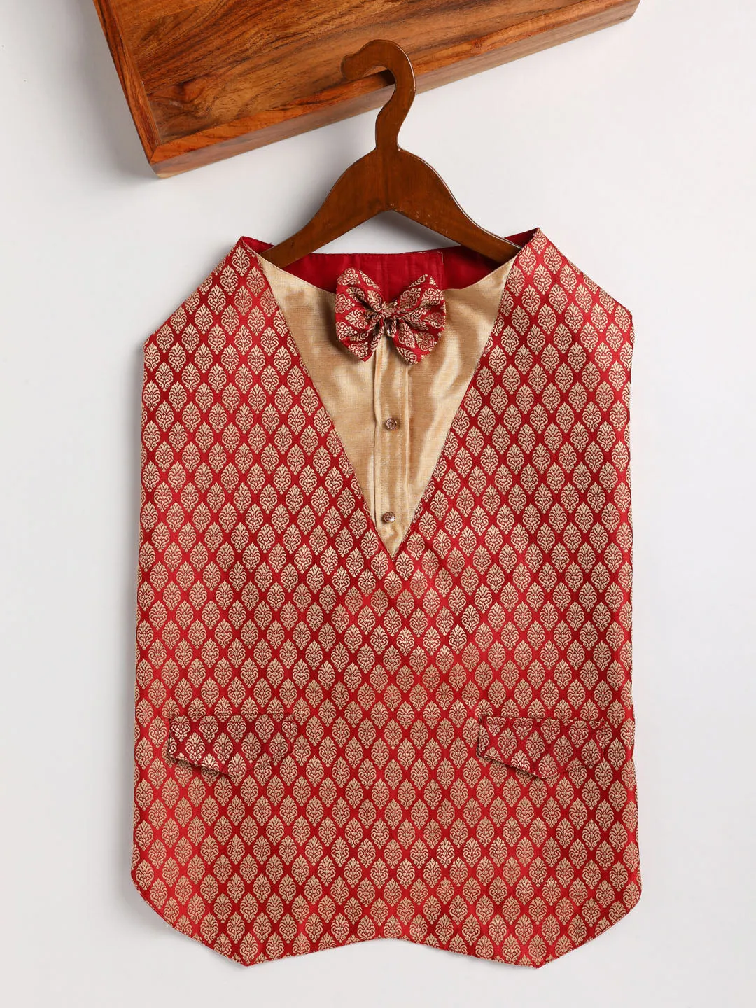 Vastramay Cats Silk Blend Brocade Maroon Tuxedo With Attached Shirt And Bow