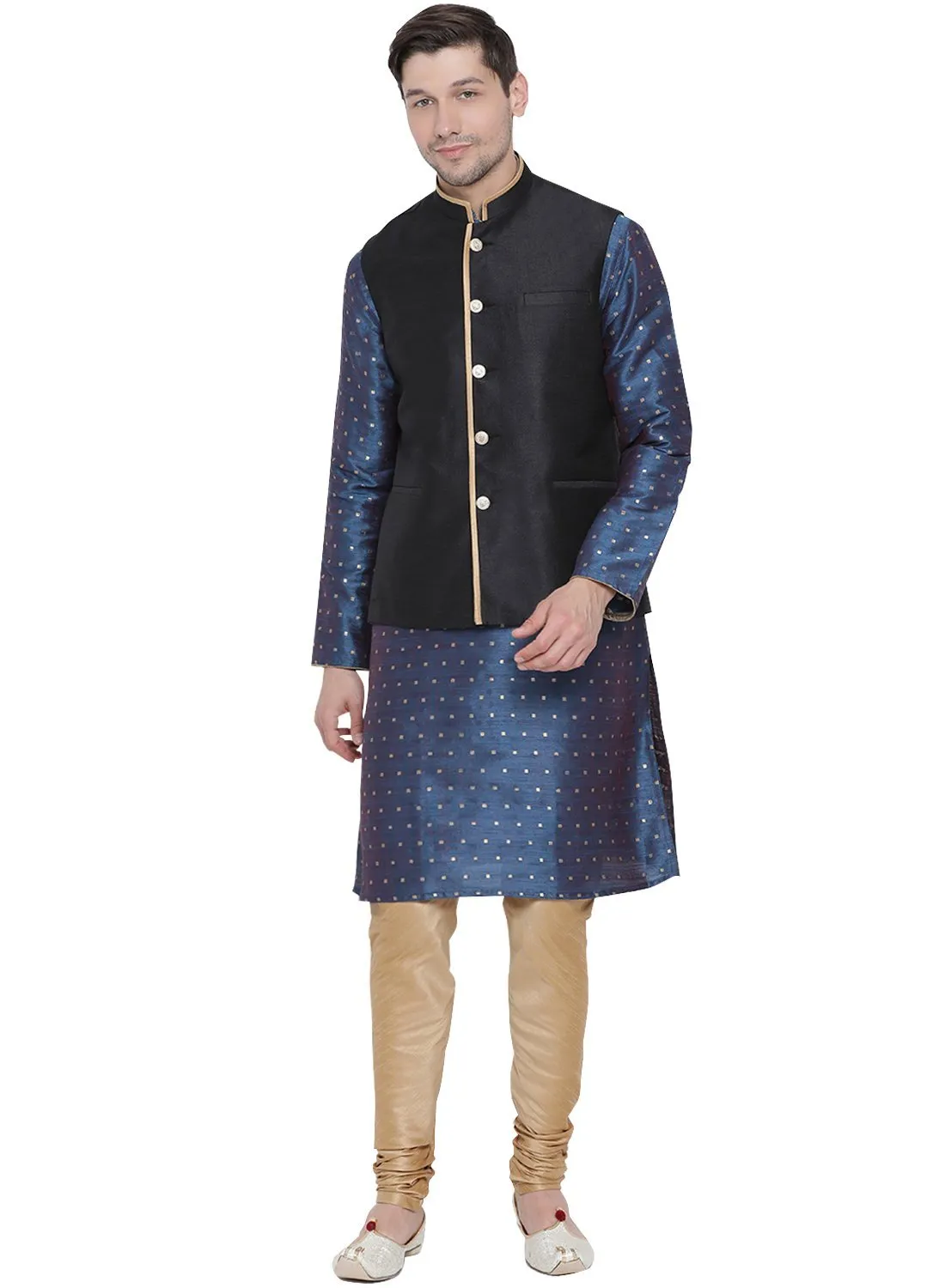 VASTRAMAY Men's Blue Cotton Silk Blend Kurta, Ethnic Jacket and Pyjama Set