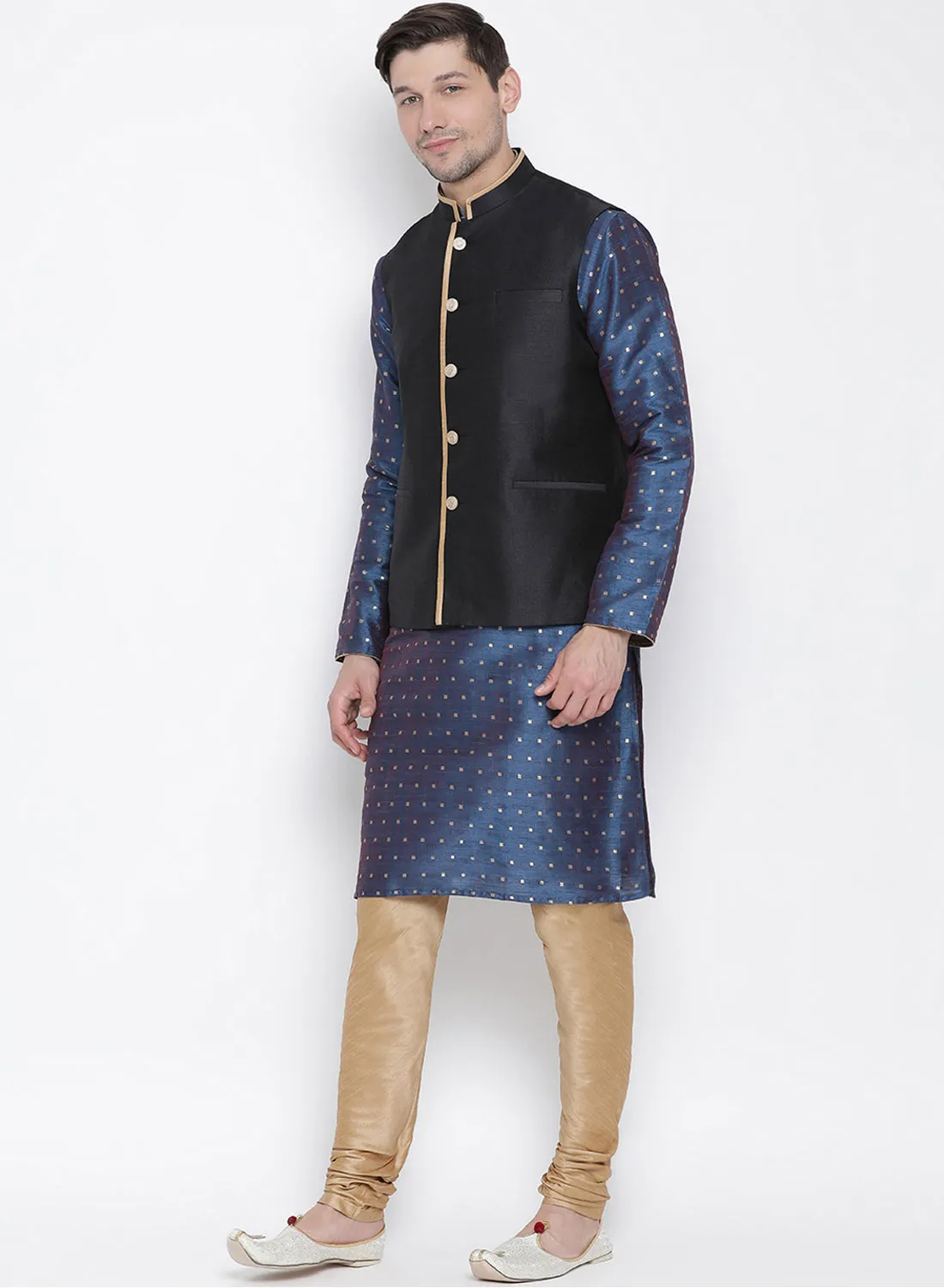 VASTRAMAY Men's Blue Cotton Silk Blend Kurta, Ethnic Jacket and Pyjama Set