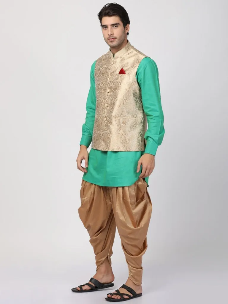 VASTRAMAY Men's Turquoise Cotton Silk Blend Ethnic Jacket, Kurta and Dhoti Pant Set