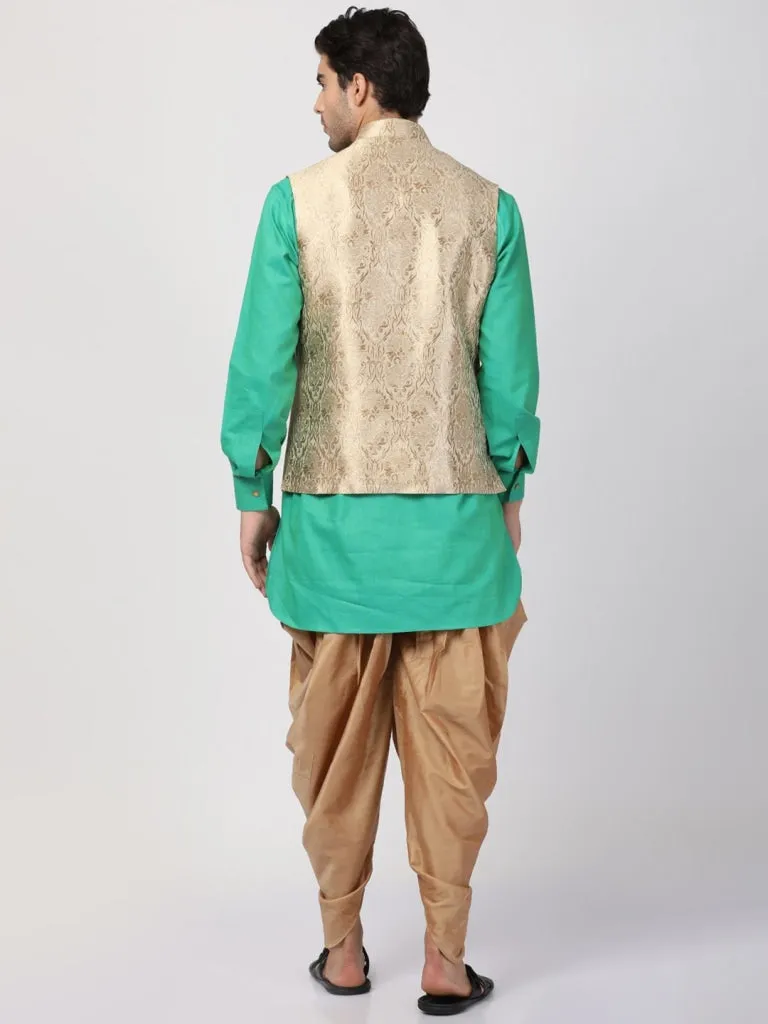 VASTRAMAY Men's Turquoise Cotton Silk Blend Ethnic Jacket, Kurta and Dhoti Pant Set