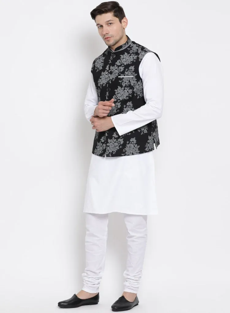 VASTRAMAY Men's White Cotton Blend Kurta, Ethnic Jacket and Pyjama Set