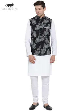 VASTRAMAY Men's White Cotton Blend Kurta, Ethnic Jacket and Pyjama Set