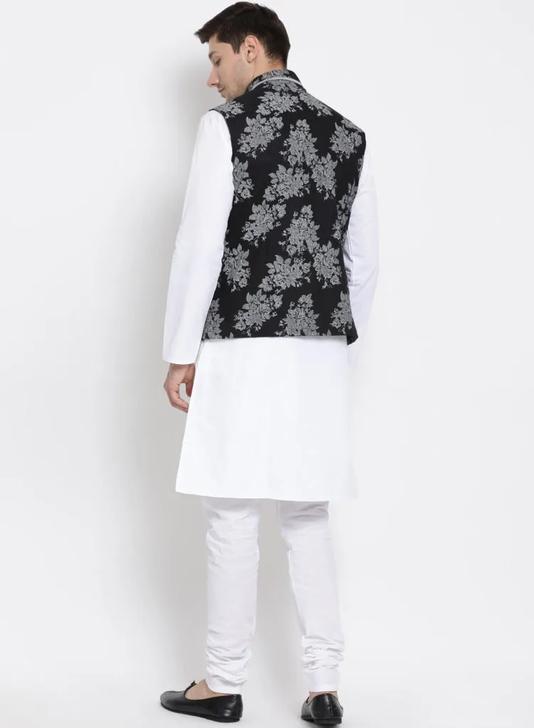 VASTRAMAY Men's White Cotton Blend Kurta, Ethnic Jacket and Pyjama Set