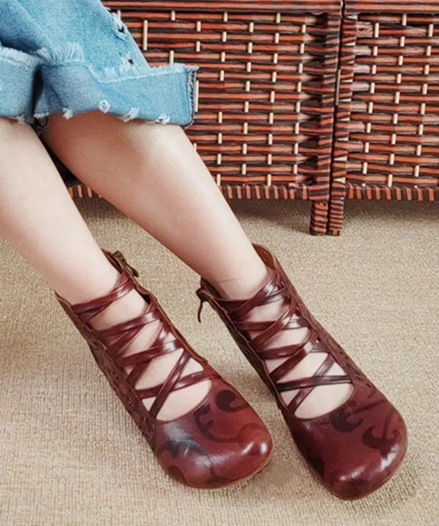 Vintage Brown Zippered Hollow Out Cowhide Leather Chunky Boots