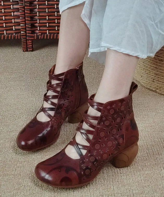 Vintage Brown Zippered Hollow Out Cowhide Leather Chunky Boots