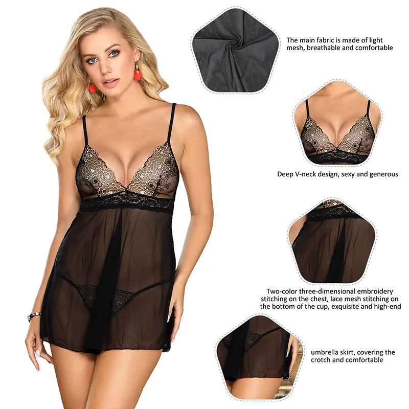 Women's Black Sexy Mesh Floral Transparent Curve Lure Babydoll Lingerie