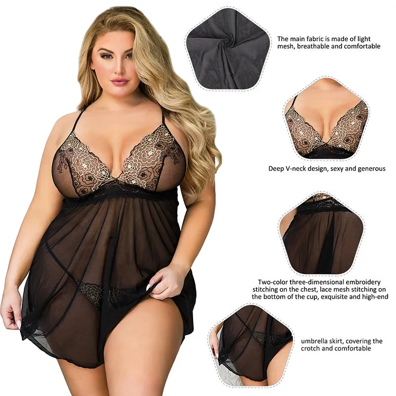 Women's Black Sexy Mesh Floral Transparent Curve Lure Babydoll Lingerie