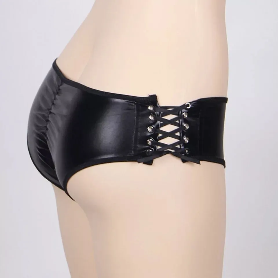 Women's Black Synthetic Leather Hollow Out Lacing Low Waist Underwear