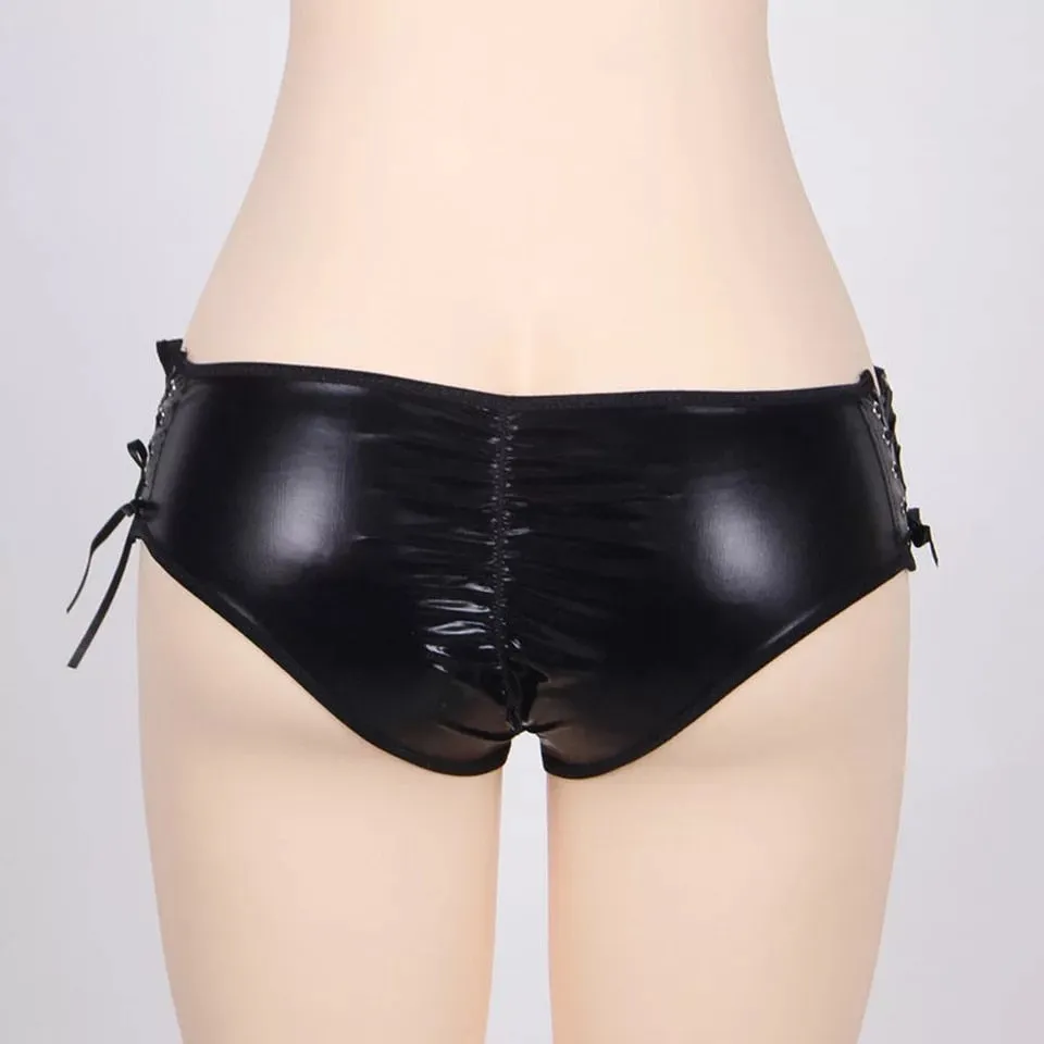 Women's Black Synthetic Leather Hollow Out Lacing Low Waist Underwear