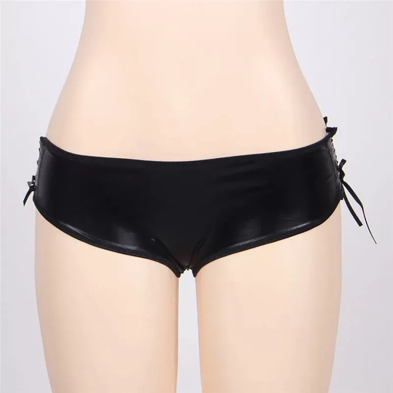 Women's Black Synthetic Leather Hollow Out Lacing Low Waist Underwear