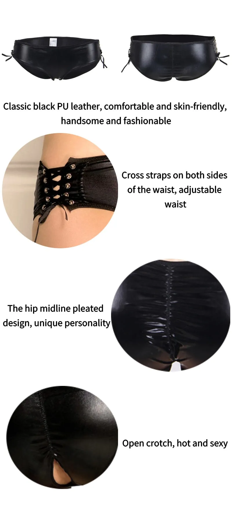 Women's Black Synthetic Leather Hollow Out Lacing Low Waist Underwear