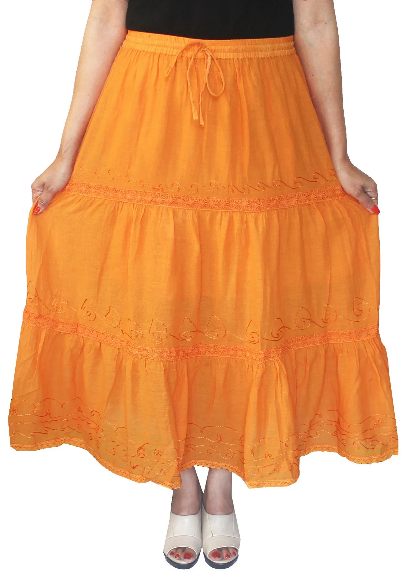 Womens Indian Skirt Solid Embroidered Cotton India Clothing (Orange)