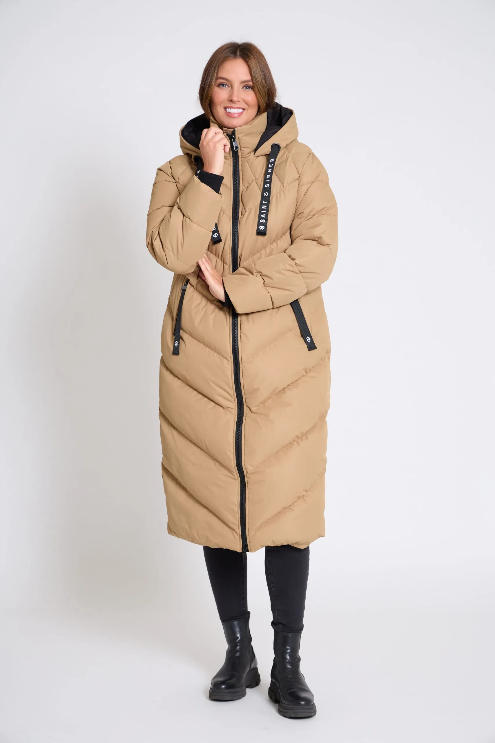 Women’s Long Oversized Padded Camel Hooded Winter Coat