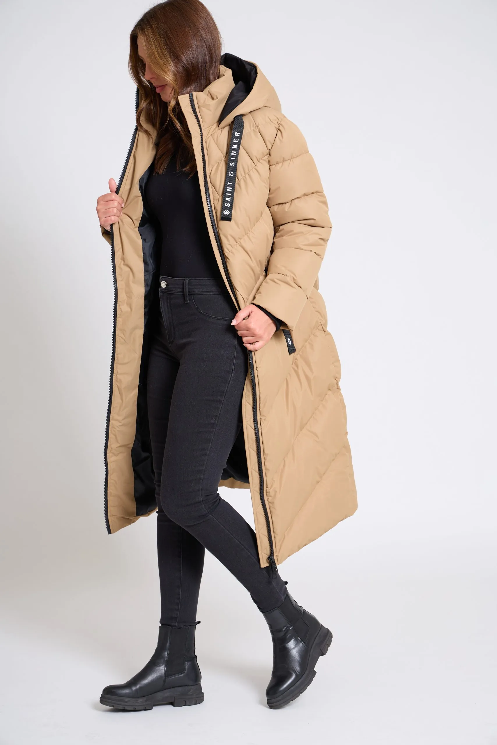 Women’s Long Oversized Padded Camel Hooded Winter Coat