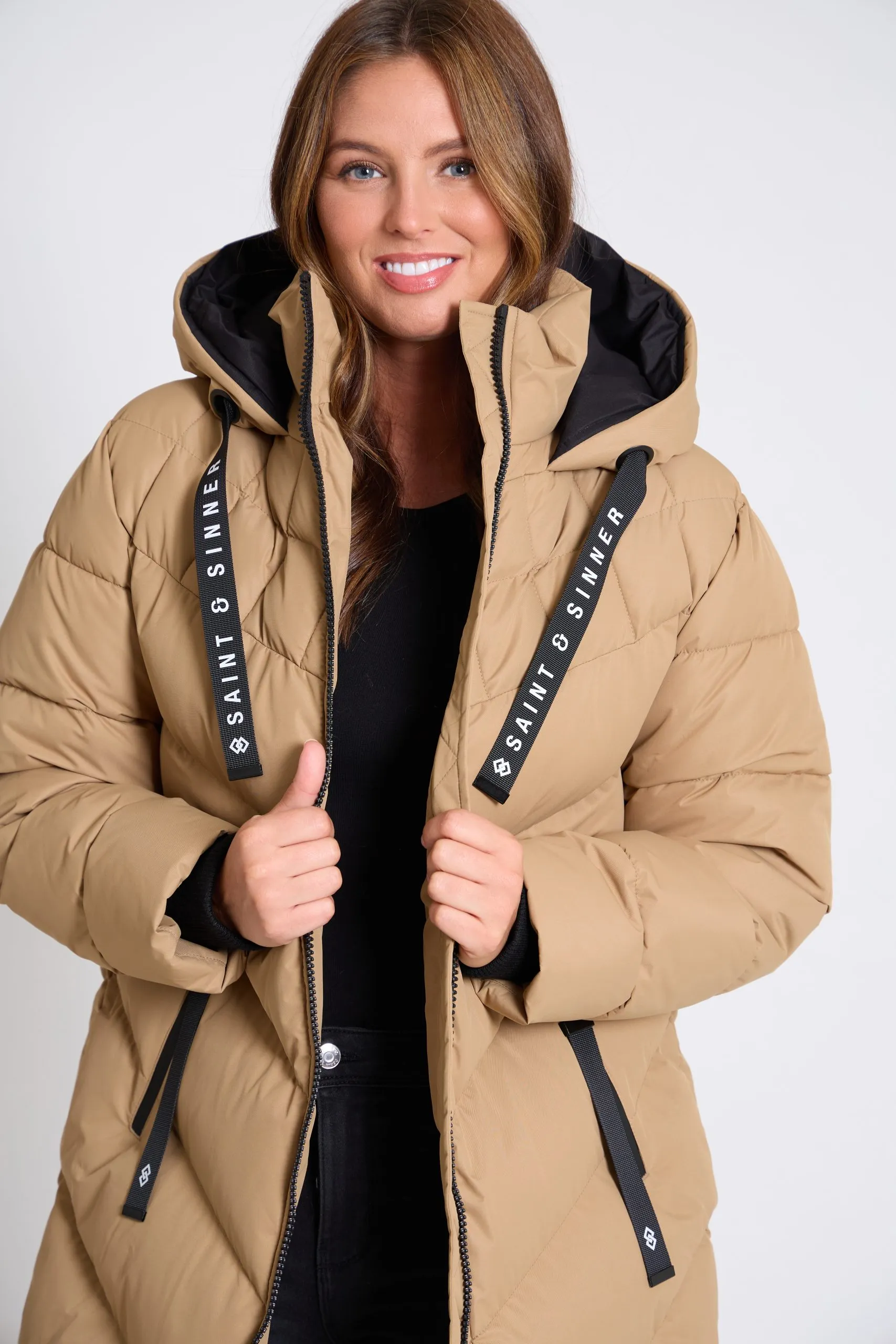 Women’s Long Oversized Padded Camel Hooded Winter Coat