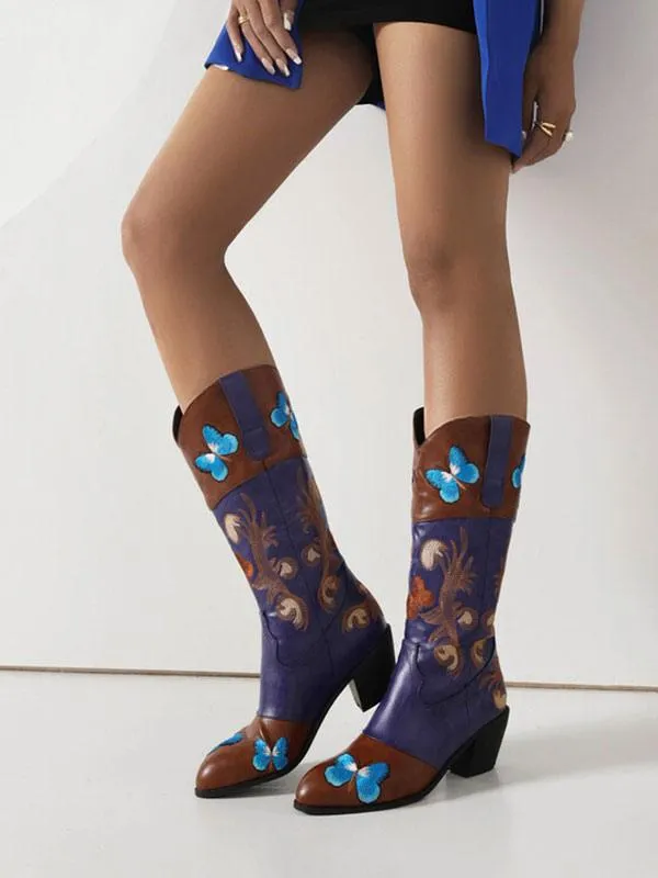 Women's Mid Calf Boots PU Leather Pointed Toe Embroidered Cowboy Boots