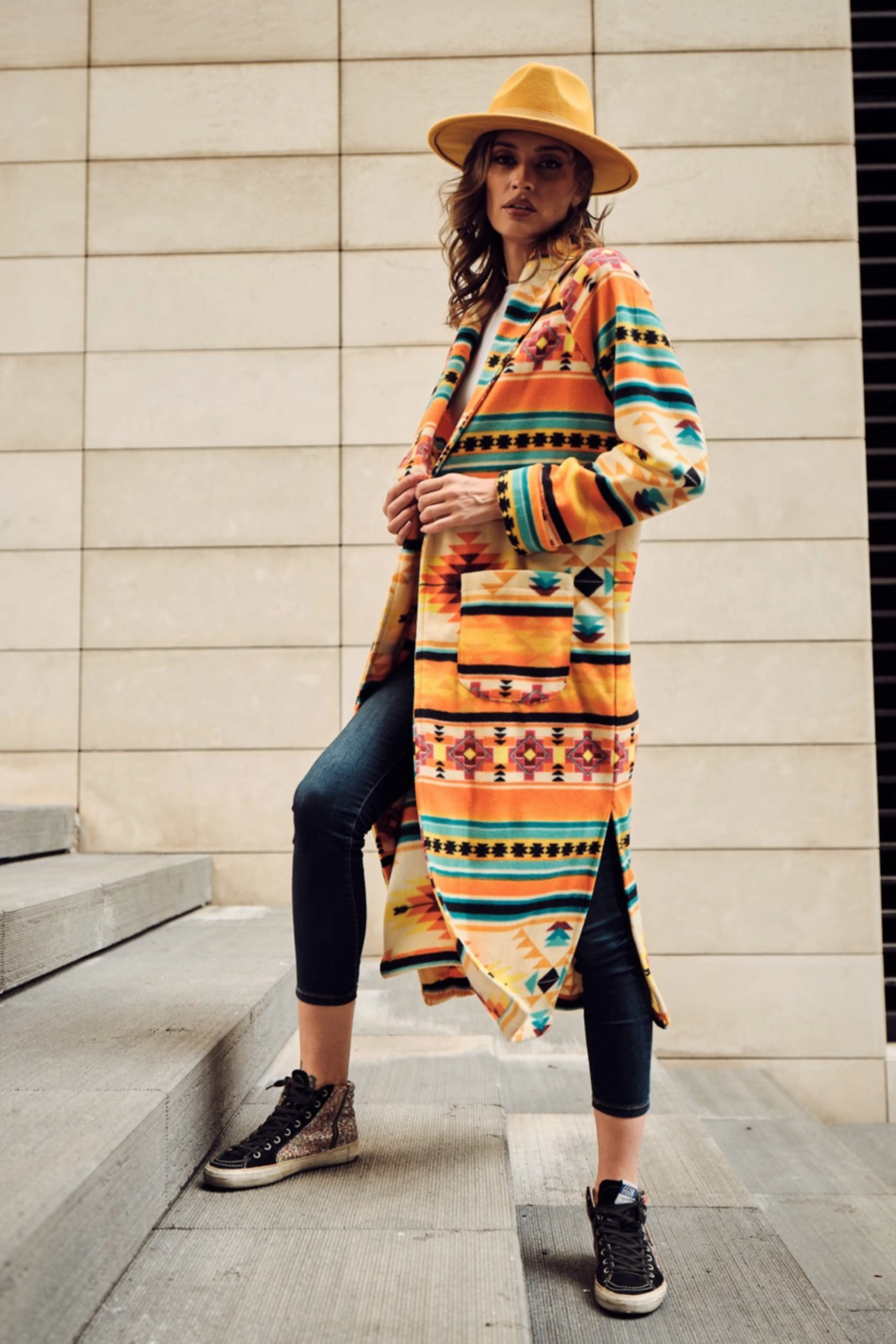 Yellow and Orange Tribal Fleece Coat